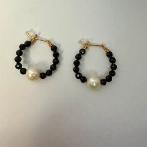 Black Spinel and Pearl Hoop Earrings
